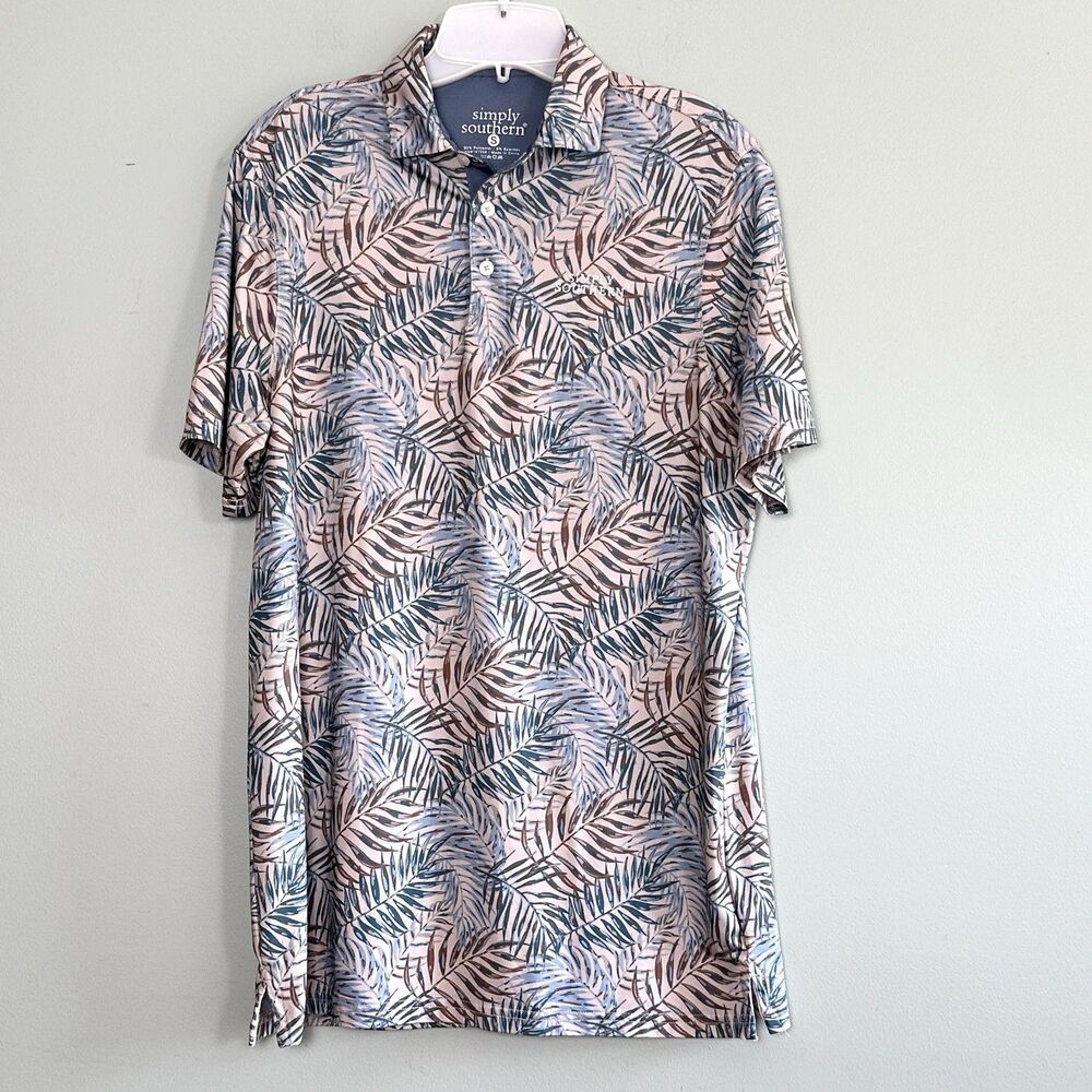 Simply Southern Polo Shirt Mens Medium Floral Leaves Blue Tan Summer Resort